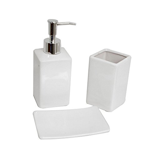 FRANDIS 196212 Coffret SDB céramique Blanc : 1 Porte-Savon, 1 Flacon Pompe, 1 gobelet