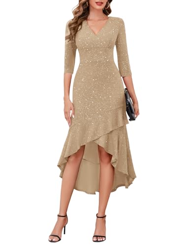 Berylove Vestidos de mujer vestidos de noche festivos elegantes para bodas vestido de cola de pez con purpurina cuello en V vestidos de dama de honor, champán, L