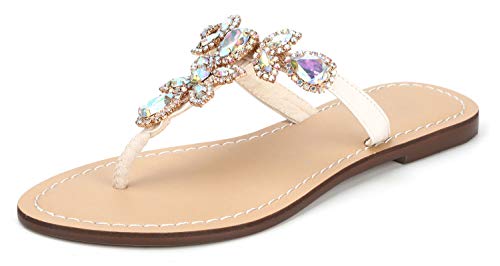 Image of Rhinestone Sandals for Women - Sparkly Jeweled Bling Thong Flip Flops, Dressy Gemstone Flat Sandals for Wedding, Party, Beach & Summer Outfits