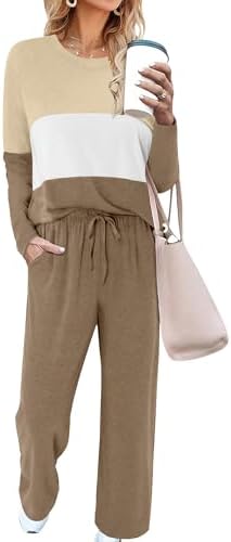 Magritta Women Casual 2 Piece Outfit Loose Fit Classic Crewneck Long Sleeve Tops Wide Leg Pants Sweatsuits Tracksuits Khaki X-Large