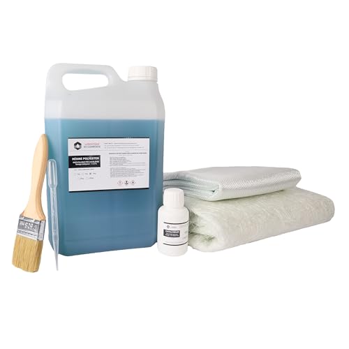 Kit de Résine Polyester 5kg avec 125g de Catalyseur, 5m² de Mat de Verre 300g et Roving 300g - Inclus Pinceau et Pipette - Idéal pour Projets de Réparation et Créations DIY