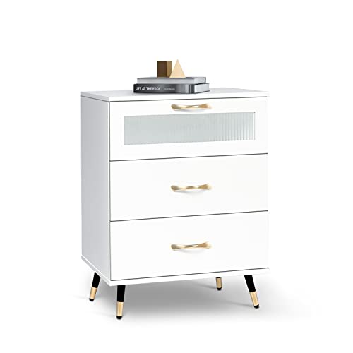 Wooden Accent End Side Table Modern 3 Drawer Bedroom Dresser Nightstand Bedside Cabinet Furniture End Side Table Chest Perfect for Home, Bedroom Living Room Accessories White (White, 23.8 inch)