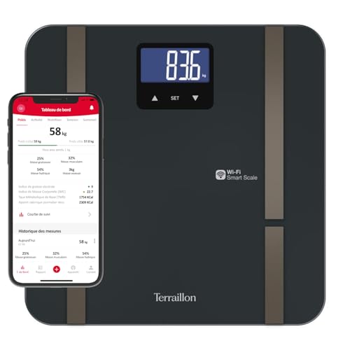 TERRAILLON - MASTER FIT ULTRA Balance connectée Wi-Fi, Fréquence cardiaque, Analyse des masses graisseuse, musculaire, hydrique, osseuse et viscérale, IMC,...