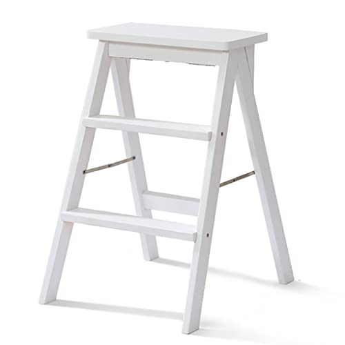 YNSHOP Échelle Pliable Tabouret Haut De Cuisine Échelle À Trois Marches d'escalade Domestique Escabeau en Bois Matériau en Pin (Color : Blanc, S : 42x48x64cm)