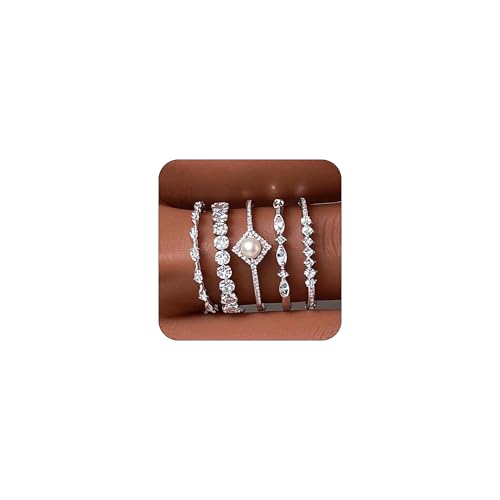 DEARMAY Stackable Silver Rings for Women Non Tarnish, Dainty Sterling Silver Diamond Pearl Rings Set Thumb Fashion Thin Cubic Zirconia Simple Unique Statement Ring Pack Women Jewlery 6/7/8/9/10