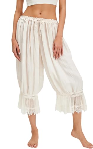 Image of NUFIWI Women Ruffle Long Bloomer Y2k Lace Trim Pettipants Pantaloons Mid Rise Cropped Pajama Pants Under Dress Slips