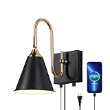 Plug in Sconce with Dimmable Switch and USB Port, Vintage Adjustable Lighting Angle Wall Lamp,Black Industrial Bedside Light for Bedroom, Living Room and Hotel