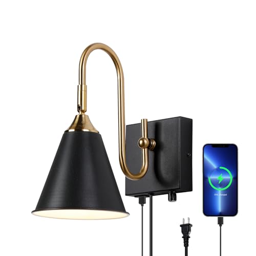 Image of Plug in Sconce with Dimmable Switch and USB Port, Vintage Adjustable Lighting Angle Wall Lamp,Black Industrial Bedside Light for Bedroom, Living Room and Hotel