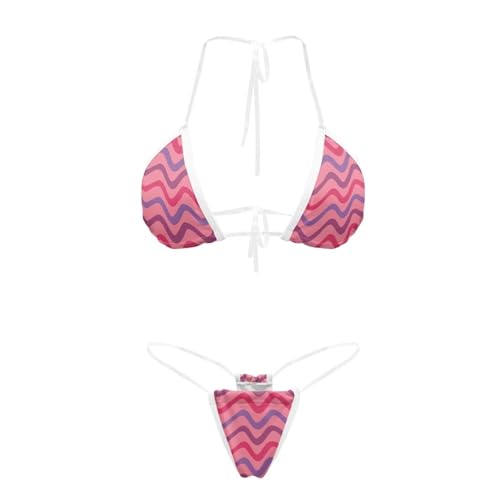 NRBEAWD Women's Two Piece Swimsuit Pink Strips Swimsuit Cheeky Bikini Sets Transparent String Bathing Suit for Beach Pool Party