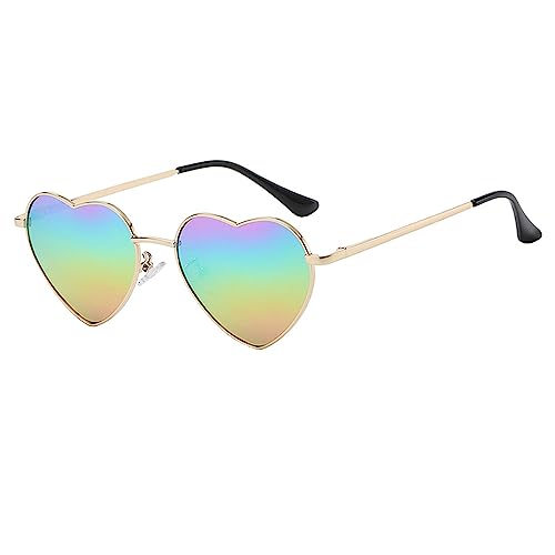Onrtry Heart Shaped Polarized Sunglasses for Women Vintage Lovely Metal Frame Sun Glasses (Gold/Rainbow Mirror)