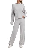 AnotherChill Women's Cable Knit Sweater Lounge Set – Long Sleeve Pullover Top with Wide Leg Pants, 2 Piece Cozy Outfit (Grey, Medium)