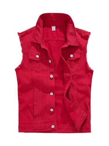 Image of Men's Sleeveless Ripped Denim Vest Casual Slim Fit Button Down Jeans Vests Jacket