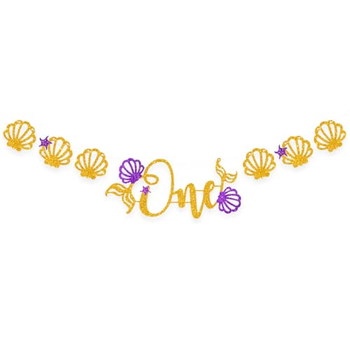 Image of Rozi Decoration Mermaid Theme One Banner Glitter Paper Bunting Decoration | Ocean Party Backdrop for Birthday Celebration | 3 Meter Hanging Banner with Shell & Star Design
