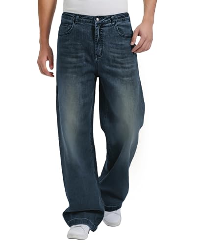 Image of FEDTOSING Mens Wide Leg Jeans Baggy Stretch Denim Trousers Loose Fit Hip Hop Skater Oversized Y2k Vintage Trousers Retro Blue