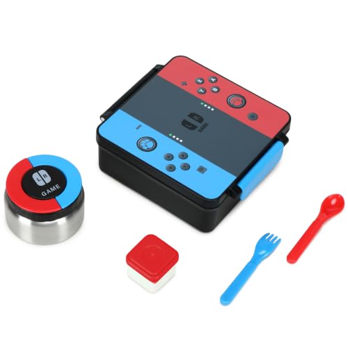 Image of Gamer Bento Lunch Box for Kids, 60 OZ Kids Lunch Box with 8 OZ Leakproof Stainless Steel Insulated Food Jar, 3-4 Compartments Bento Box for School, Includes Sauce Cup & Divider (Blue-Red-A2)