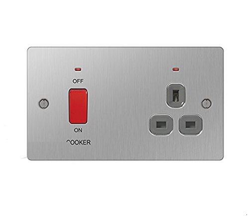 BG Electrical SBS70G 45 A Metal Brushed Steel Double Pole Switch with 13 A Socket and Neon - Screwed Brushed Steel