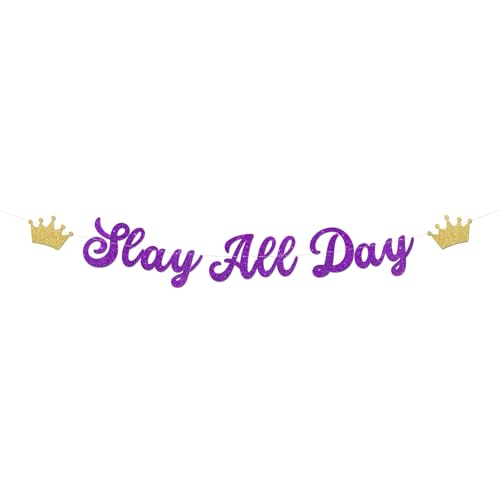 Slay All Day Purple Banner Decorations, Pre-Strung Banner for Bachelorette Bridal Shower Birthday Party Girls Room Wall Decor