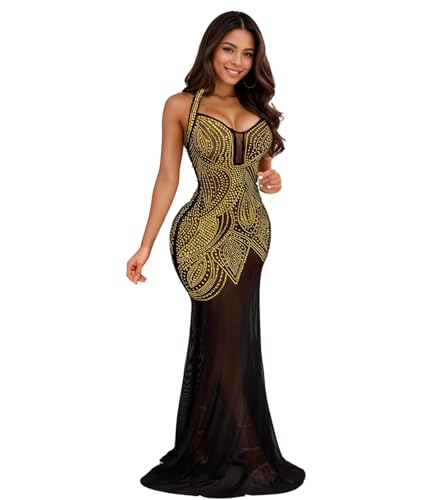 Image of Jigfar Women Sexy Elegant Rhinestone Mesh See Through Party Club Night Split Bodycon Formal Maxi Dress