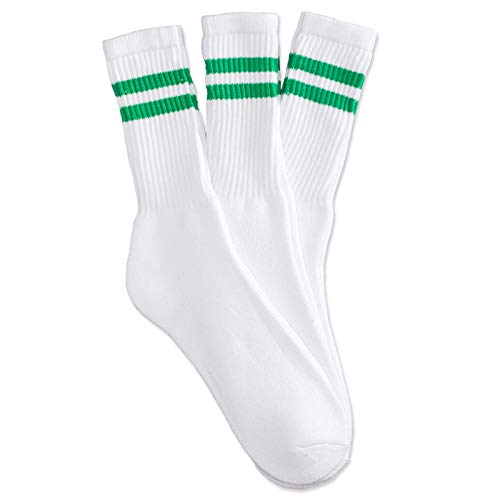 Impress'D Clothing 12 Pairs White Unisex Crew Socks with Two Kelly Green Stripes Classic Retro Old School