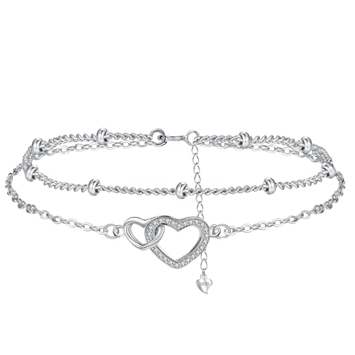 Hifeeled Coeur Bracelet Argent Sterling 925 Femme Bracelet Romantique Double Chaînes,Cadeaux Bijoux Originaux pour Femmes Sœur Ami - Réglable(16cm+4)