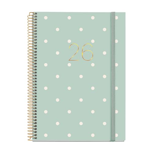Miquelrius - Agenda 2026 día por página, Similar A5+ (155 x 213 mm), Planificación diaria, Cubierta rígida cartón, Espiral, Cierre goma elástica, Papel 80 g/m², Español-EN-PT, Polka dots