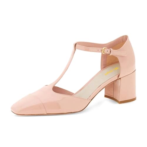 Women Ankle T-Strap Buckle Mid Heel Mary Janes Closed Square Toe Block Heels Pumps Comfy Party School Dress Shoes Size 4-16 US