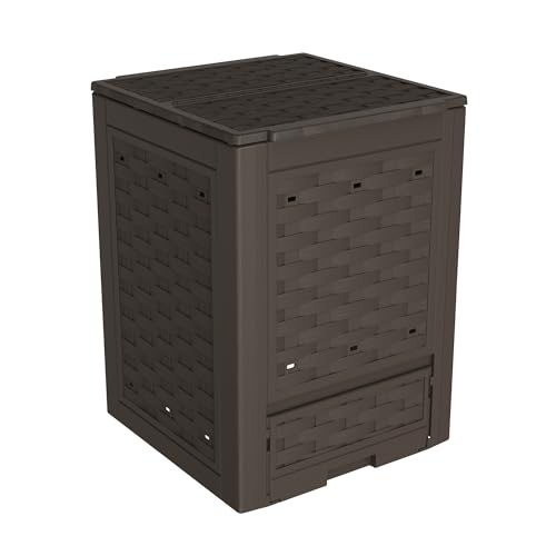 TOOMAX Composter Rattan marrone da giardino 300L effetto rattan 60x60x83h cm, contenitore per compostaggio in plastica riciclata, resistente ai raggi uv, con coperchio e sportello per aerazione