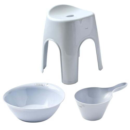 【ザッカLab.オリジナルセット】アスベル Emeal エミール 風呂椅子セット【手おけ+湯おけ+風呂イスセット】 座面高さ40cm ブルー | バスチェア バススツール 手桶 湯桶 風呂いす ニュアンス くすみ カラー バス用品 腰掛け 浴室 洗い場 抗