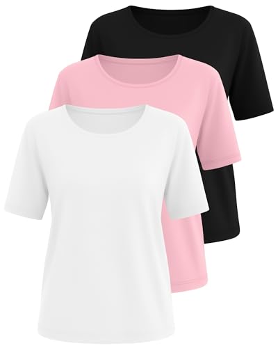 Huukeay 3 Pcs Womens Half Sleeve Top Elbow Length T Shirt Women Round Neck Basic T Shirt Summer Casual Blouses