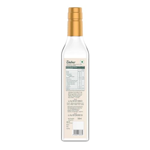 Image of Dabur Pure & Unrefined Cold Pressed Virgin Coconut Oil | 1L | Naturally Cholesterol Free | Rich Aroma & Flavour of Natural Coconut Oil | For Daily Cooking with Multipurpose Usage | Finest Quality Coconuts | No Trans Fat | 60% MCT | Anti-spillage bottle