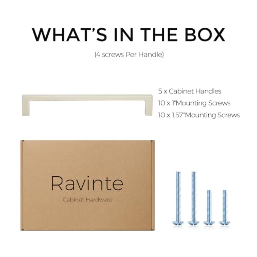 Image of Ravinte Brushed Nickel Kitchen Cabinet Solid Handles,6-1 /4 Inch,5 Pack | Solid Zinc Alloy, Modern Slim Style, Square Design, Deep-Thread Firm Base, Screws Included, for Kitchen Drawers & Cupboards