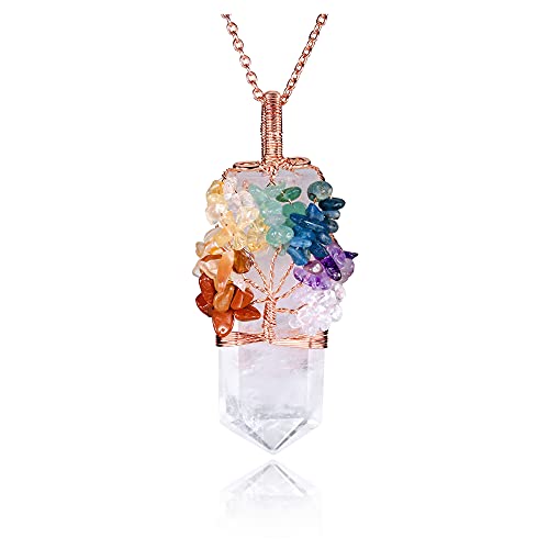 Natural 7 Chakra Stone Life Tree Pendant Necklace Reiki Healing Crystal Tumbled Stones Necklace Women Jewelry for Good Luck, Meditation, Protection, Energy Balancing, Gift