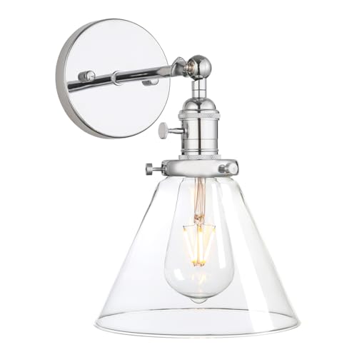 PERMO Single Sconce with Funnel Flared Glass Clear Glass Shade 1-Light Wall Sconce Wall Lamp (Chrome)