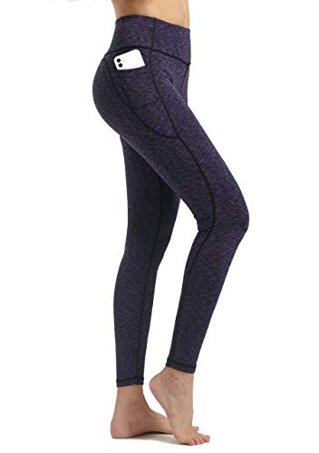 Haining High Waist Yoga Pants, 2 Pocket Yoga Pants Tummy Control Workout Running 4 Way Stretch Yoga Leggings with Pockets,PurpleGreyS