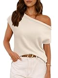 LILLUSORY Womens Asymmetrical Short Sleeve One Shoulder Tops Summer Going Out Sweaters Lightweight Knit Pullover 2025 Apricot M