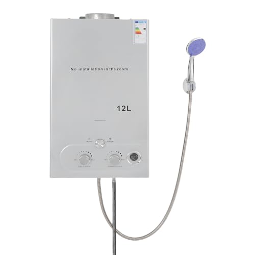 Calentador de agua de gas, 24 kW, con control inteligente de temperatura de CPU, calentador de agua instantáneo con funcionamiento GLP y cabezal de ducha, calentador de agua sin depósito (12 L)