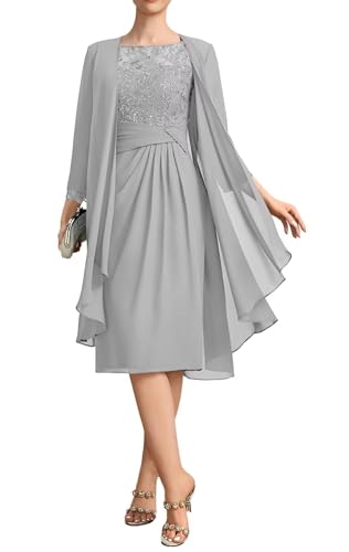 2 Piece Mother of The Bride Dresses for Women Chiffon Tea Length Long Sleeve Formal Lace Guest Gowns MD002