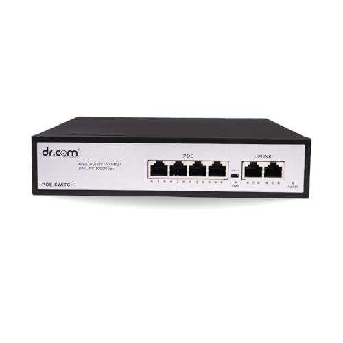 Image of dr.com 6 Port Gigabit PoE Switch with 4 PoE Ports and 2 Uplink Ports 10 /100 /1000 Mbps 65W Power IEEE 802.3af /at for CCTV IP Camera Network Switch Plug and Play Metal Body Black