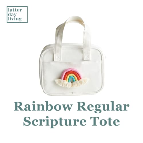 LDS Rainbow Regular Scripture Tote | Adorable white canvas scripture bag with embroidered rainbow design | Fits LDS standard scriptures and more | Zipper enclosure and compact | Perfect for kids2