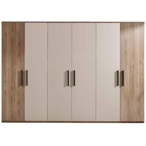 Lomadox Schlafzimmer Komplett Set in Eiche mit Kaschmir, Kleiderschrank 6-türig & Bett 180x200 cm mit Nakopaneel LED-Beleuchtung & Kommode mit Softclose-Funktion – Bild 8