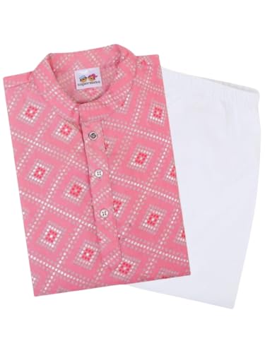 Image of Superminis Baby Boys Silver Foil Printed Cotton Kurta, Round Collar, Full Sleeves With White Pyjama