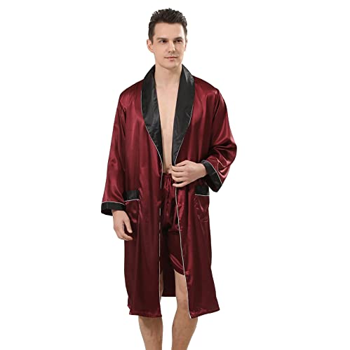 MUOUEAOU Conjunto Pantalones Cortos de Albornoz Rojo para Hombre, Camisón Fino de Seda Sintética para el Hogar, Batas de Verano Hombres Talla Grande (Red,L)
