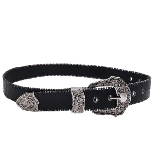 Women's Western Genuine Leather Belt Black Vintage Cowgirl Rhinestone Design4