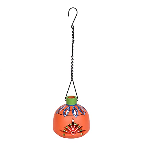 Image of AAKRITI ART CREATIONS Terracotta Handpainted Pink Matki Hanging Tea Light | Floral Art Handmade Hanging Decor | Matte Finish Terracotta Decorative Hanging Items for Home | Handpainted Decor