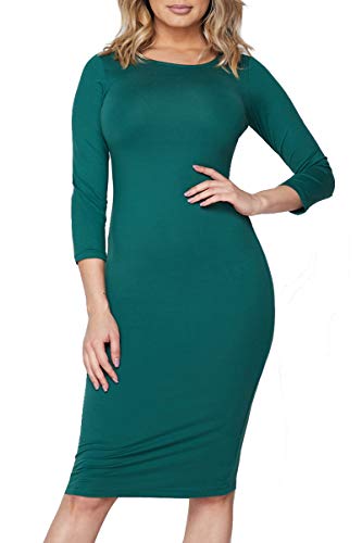 Image of ICONOFLASH Women's 3 /4 Sleeves Midi Bodycon Dress Crew Neck Fitted Dresses with Plus Size Options