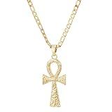 SAELACY Textured Ankh Cross Pendant Necklace For Women Men, Figaro Chain Necklace Vintage Egyptian Cross Necklace Minimalist Jewelry (gold, chain length: 18