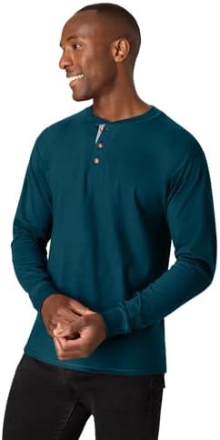 Hanes Men's Long Sleeve Beefy Henley Shirt, Petro Teal, Large