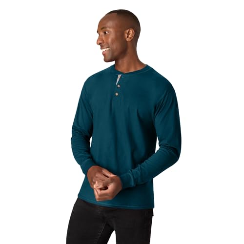 Hanes Men's Long Sleeve Beefy Henley Shirt, Petro Teal, Large