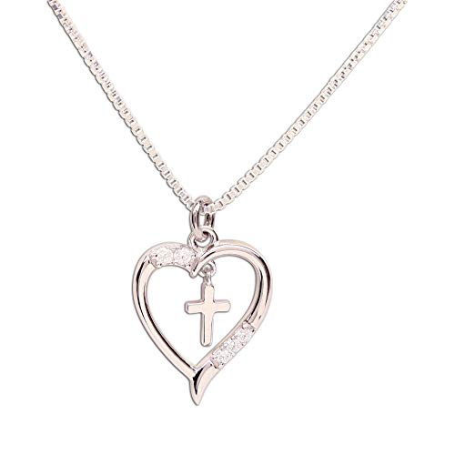 Girl s Sterling Silver First Communion Dancing Cross  Heart Necklace, 14 