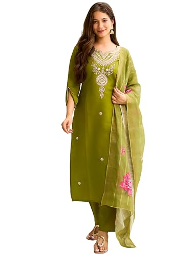Ensemble kurta pantalon dupatta viscose brodé vert vêtement traditionnel femme XXL